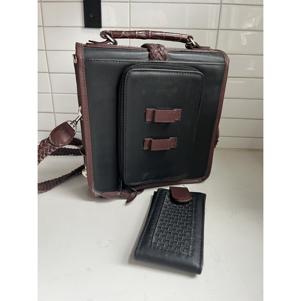 Brighton Mini Briefcase Crossbody w/ Card Slots Brown Black Silver Purse Hearts - Picture 11 of 16